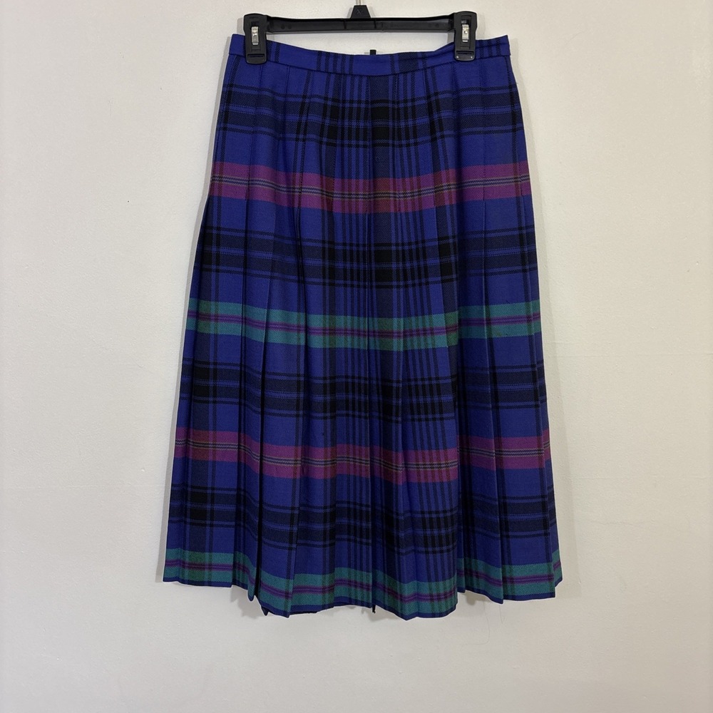Vintage Wool Purple Plaid Pleated Skirt Size‎ S/M Green 28" Waist Pure New Wool